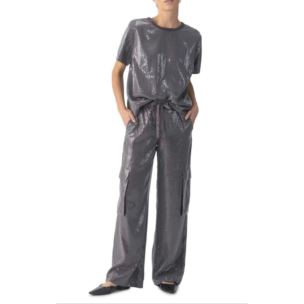 Sanctuary Women’s Small Sequin Matching Set Cargo Pants & Top Gunmetal‎ Grey NEW